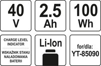 Akumulátor 40 V, 2,5 Ah, Li-Ion, do reťazovej píly YT-85090